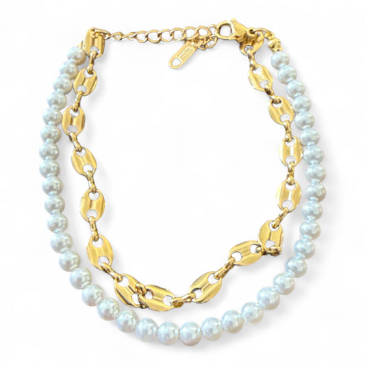 Bracciale Doppio Filo in Acciaio Inox e Perle di Conchiglia