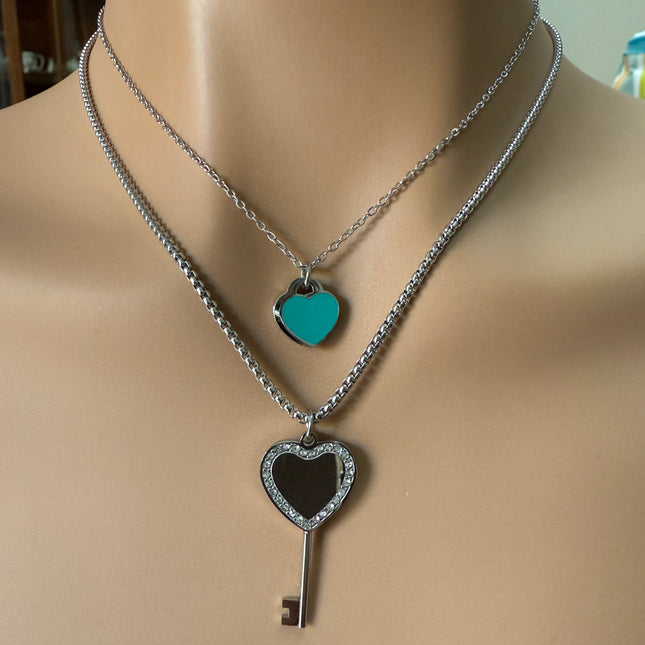 Collana Doppia con Ciondoli Cuore e Chiave in Argento e Turchese
