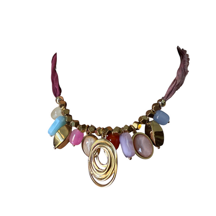 Collana Donna Shelly Acciaio Inox Tessuto Pietre Multicolore Ciondolo Dorato