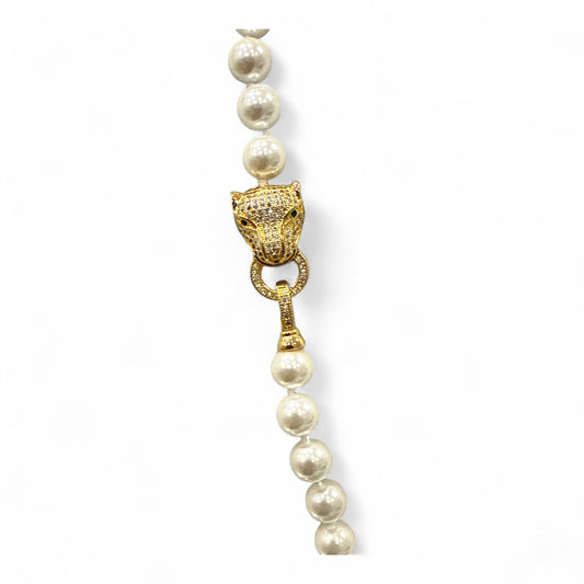 Collana Lunga Donna con Perle e Chiusura Pantera Colore Oro con Zirconi