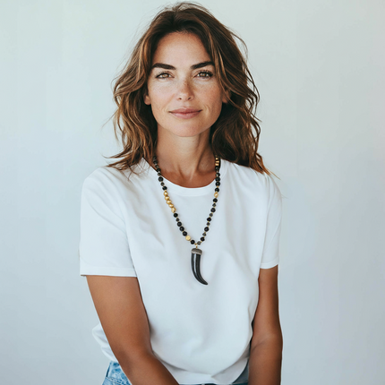 Collana Lunga per Donna Con Sfere e Ciondolo Corno 60 cm