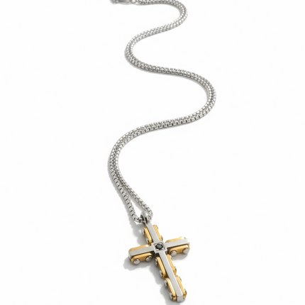 Collana Uomo Acciaio Croce Bicolore Oro Nero Catenina Pendente Moderno