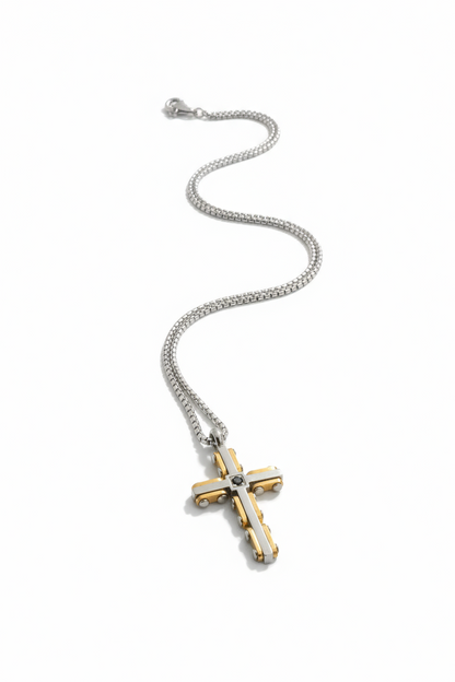 Collana Uomo Croce Acciaio Bicolore Oro e Nero con Catenina