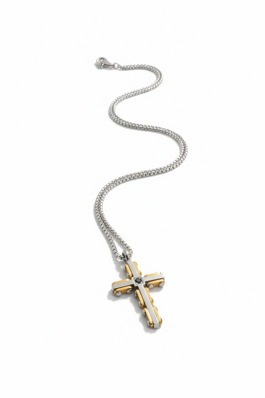Collana Uomo Croce Acciaio Bicolore Oro e Nero con Catenina