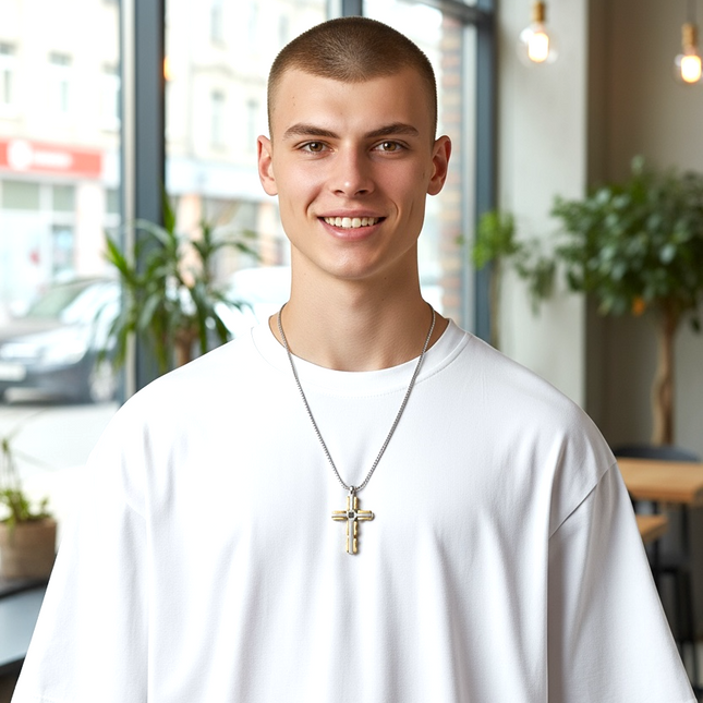 Collana Uomo Croce Acciaio Bicolore Oro e Nero con Catenina