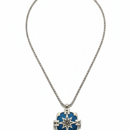 Collana Uomo Acciaio Bussola Rosa dei Venti Blu Nautico Catena Pendente
