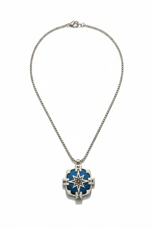 Collana Uomo Acciaio Bussola Rosa dei Venti Blu Bracciale Nautico Stile Moderno