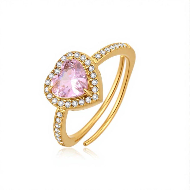 Anello Donna Acciaio Colore Oro Regolabile Cuore Zirconi Halo Multicolore Taglia Unica