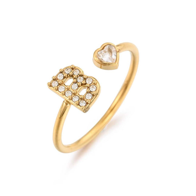 Anello Donna Acciaio Colore Oro Lettera Iniziale Cuore Zirconi Personalizzabile