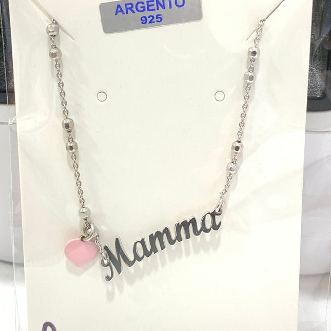 Bracciale Donna In Argento 925 Scritta MAMMA con cuore Rosa smaltato