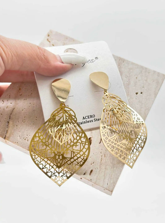 Orecchini Donna Arabesque Oro Acciaio Inox Pendenti Etnici Eleganti 6,5 cm Shelly