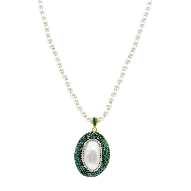 Collana Donna Shelly Perle Pendente Ovale Strass 50cm Bianco Verde Gold