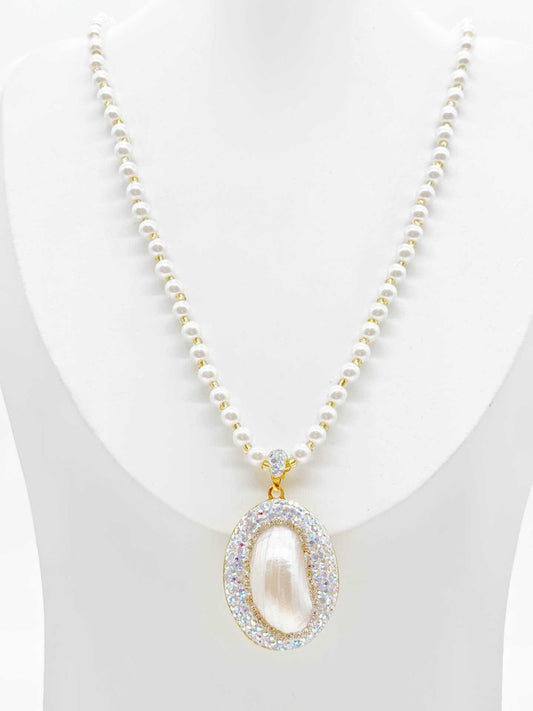 Collana donna perle con pendente ovale perla centrale strass colorati