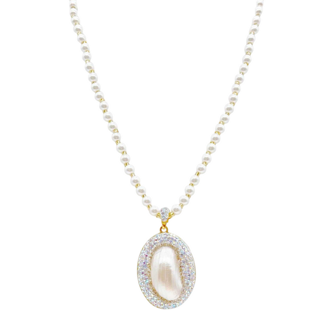 Collana Donna Shelly Perle Pendente Ovale Strass 50cm Bianco Verde Gold