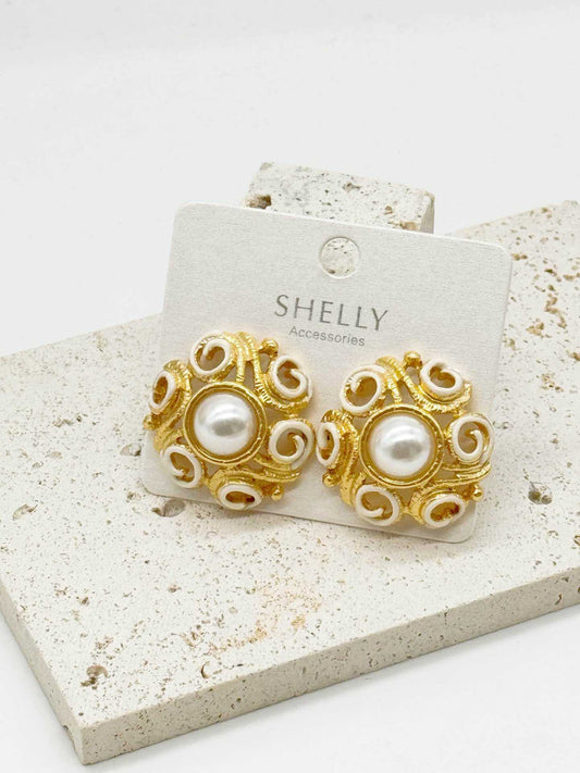 Orecchini Donna Oro Perla Barocchi Riccioli Bianchi - Shelly Vintage
