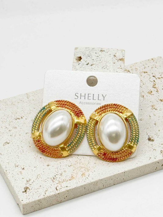 Orecchini Shelly Accessori ovali dorati con perla e smalto multicolore