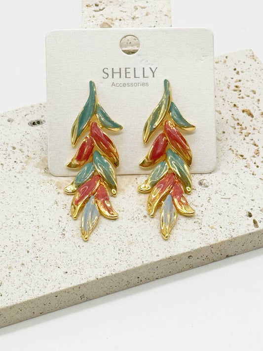 Orecchini Shelly Accessori pendenti foglia dorata smalto multicolore