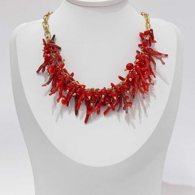 Collana girocollo donna corallo rosso sintetico perline oro stile etnico