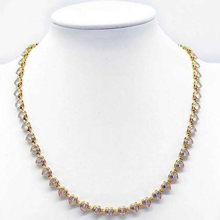 Collana Tennis Donna in Acciaio Dorato con Cuori e Cristalli Luminosi