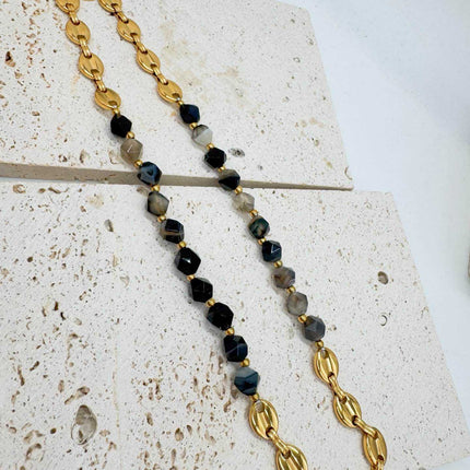 Collana Donna con Pietre Sfaccettate Nere e Grigie e Maglie Dorate - Eleganza Geometrica