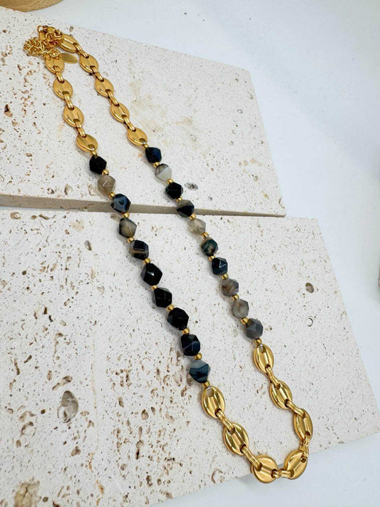 Collana Donna con Pietre Sfaccettate Nere e Grigie e Maglie Dorate - Eleganza Geometrica