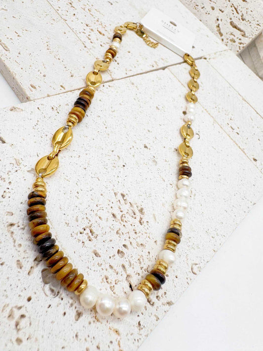 Collana Donna con Perle occhio di tigre e dettagli dorati stile boho