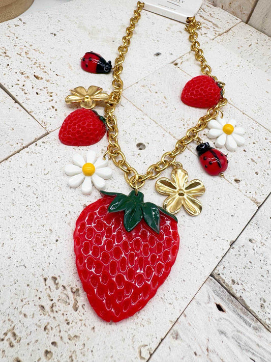Collana donna in acciaio dorato collezzione frutta fragola margherita coccinella pop