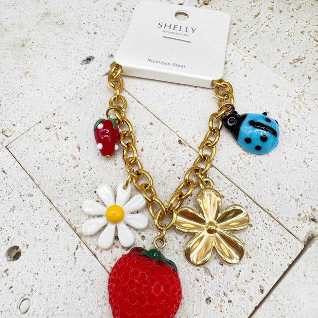 Bracciale in acciaio dorato per donna stile pop estate fragola coccinella margherita