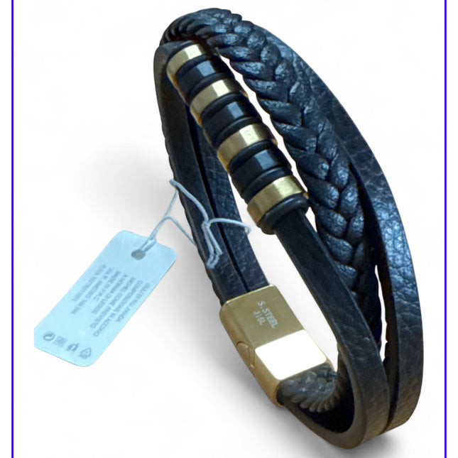 Bracciale uomo nero intrecciato similpelle acciaio inox oro chiusura magnetica