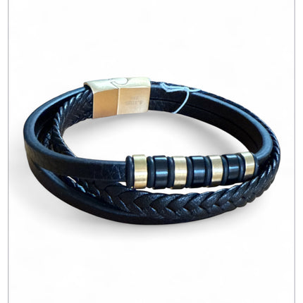 Bracciale uomo nero intrecciato similpelle acciaio inox oro chiusura magnetica