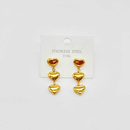 Orecchini  donna pendenti 3 Cuori Gold in Acciaio 316L – Eleganti leggeri anallergici