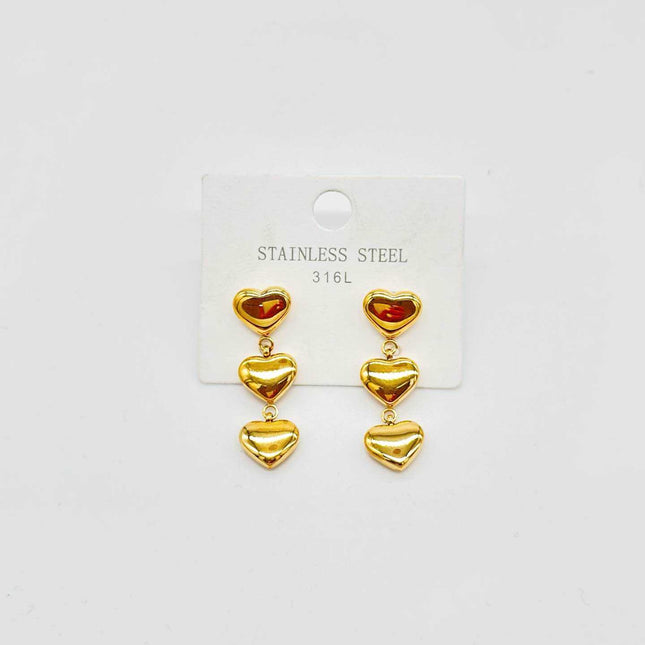 Orecchini  donna pendenti 3 Cuori Gold in Acciaio 316L – Eleganti leggeri anallergici
