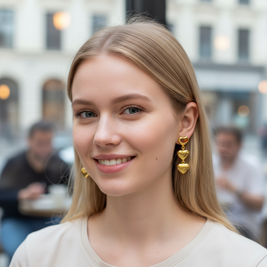 Orecchini  donna pendenti 3 Cuori Gold in Acciaio 316L – Eleganti leggeri anallergici