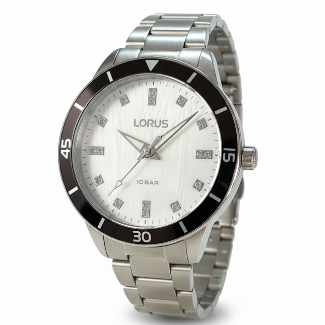 Orologio Donna Lorus Acciaio Zirconi Lunetta Nera Sportivo 10BAR RG245RX-9