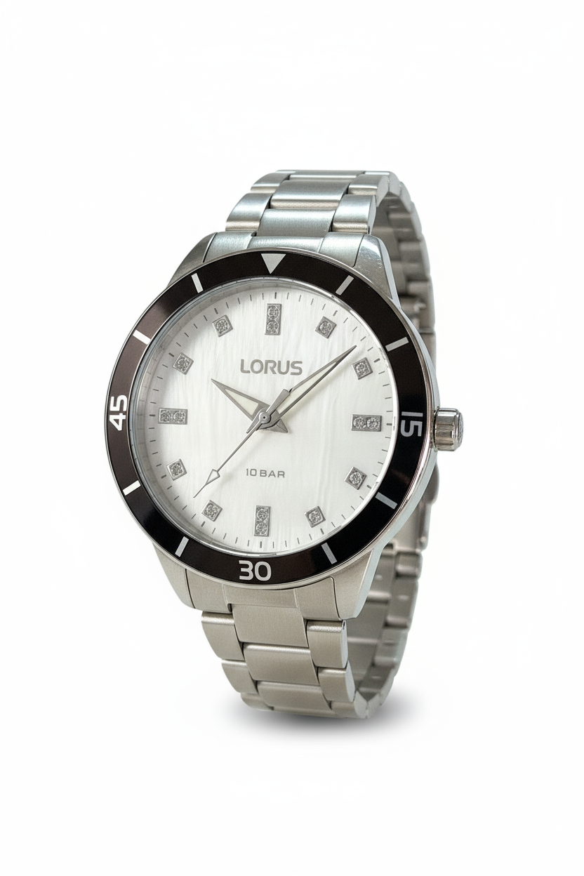 Orologio Donna Lorus Acciaio Sportivo Zirconi Lunetta Nera 10 BAR