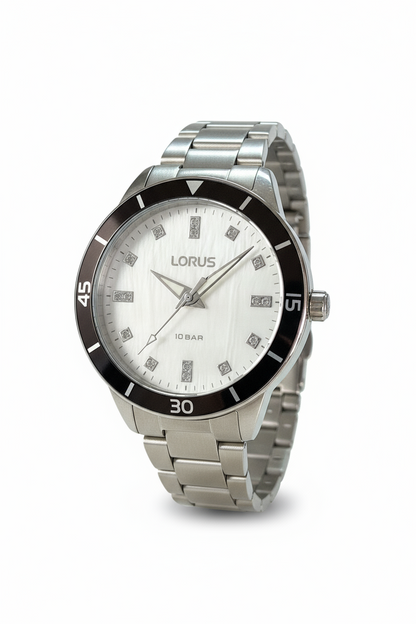 Orologio Donna Lorus Acciaio Sportivo Zirconi Lunetta Nera 10 BAR