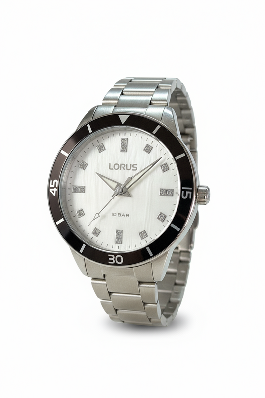 Orologio Donna Lorus Acciaio Sportivo Zirconi Lunetta Nera 10 BAR