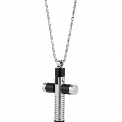Collana Uomo Acciaio Croce Pendente Nero Argento Catena Urban Style