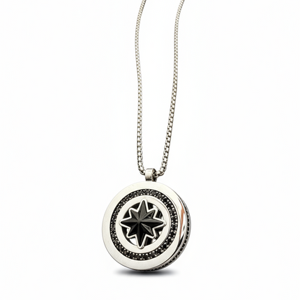 Collana Uomo Acciaio Bussola Rosa dei Venti Nero Argento Catena Pendente