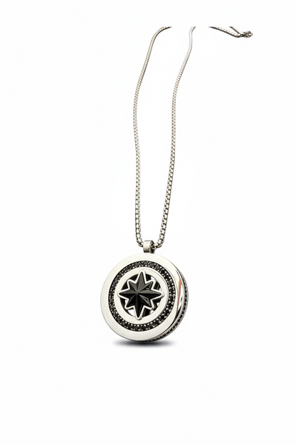Collana Uomo Bussola Acciaio Nero/Argento – Pendente Rotondo con Catena