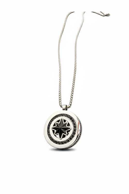 Collana Uomo Bussola Acciaio Nero/Argento – Pendente Rotondo con Catena