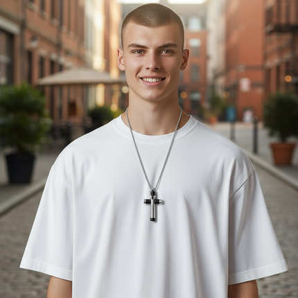 Collana Uomo Acciaio Croce Pendente Nero Argento Catena Urban Style