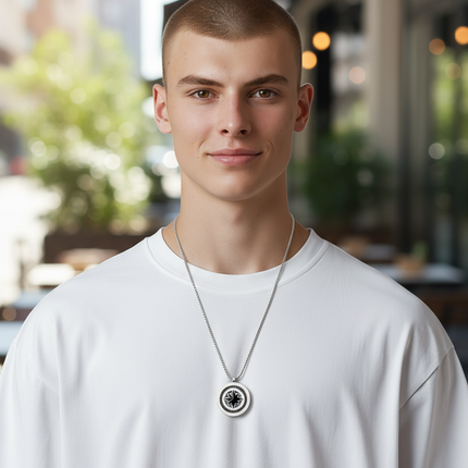 Collana Uomo Acciaio Bussola Rosa dei Venti Nero Argento Catena Pendente