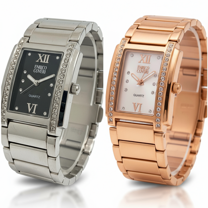 Orologio Donna Enrico Coveri Rettangolare Cristalli Silver Rose Gold EC0883