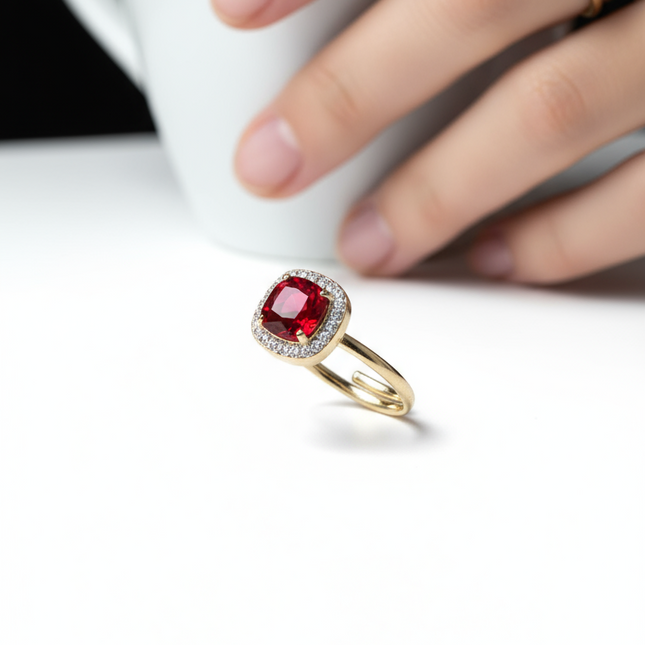 Anello per Donna in Acciaio con Pietra Rossa e Zirconi — Eleganza Regolabile