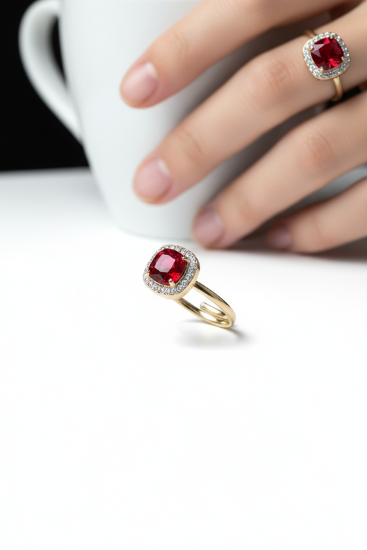 Anello per Donna in Acciaio con Pietra Rossa e Zirconi — Eleganza Regolabile