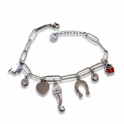 Bracciale Donna Portafortuna Charms Silver Regolabile Ciondoli Lucky