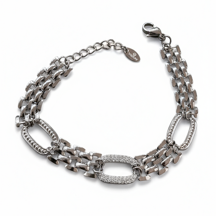 Bracciale Donna Acciaio Maglie Ovali Pavé Cristalli Silver Gold