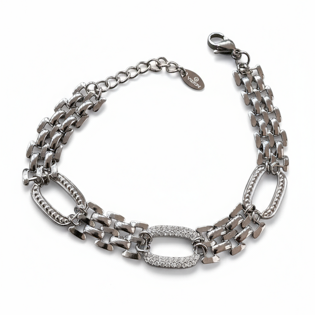 Bracciale Donna Acciaio Maglie Ovali Pavé Cristalli Silver Gold