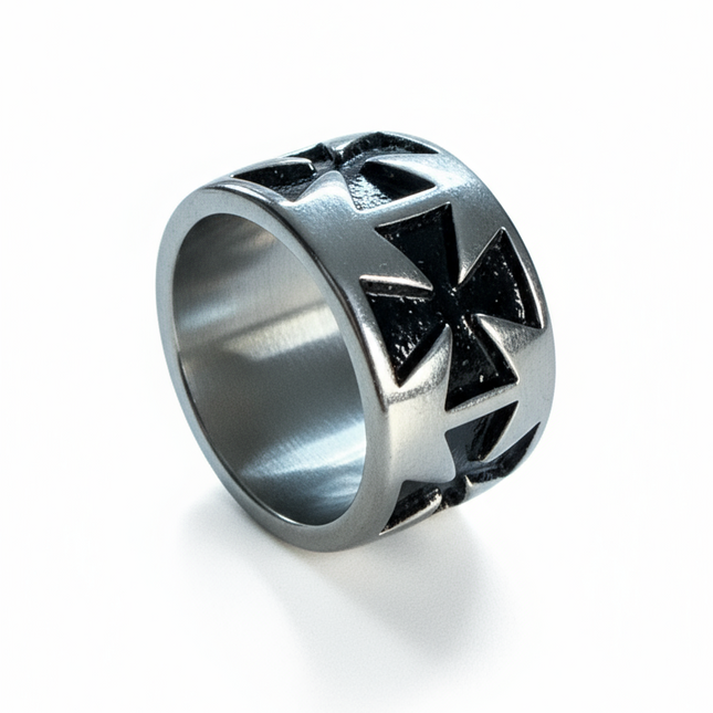 Anello Uomo Acciaio Nero Croce Maltese – Fascia Larga, Misura 17